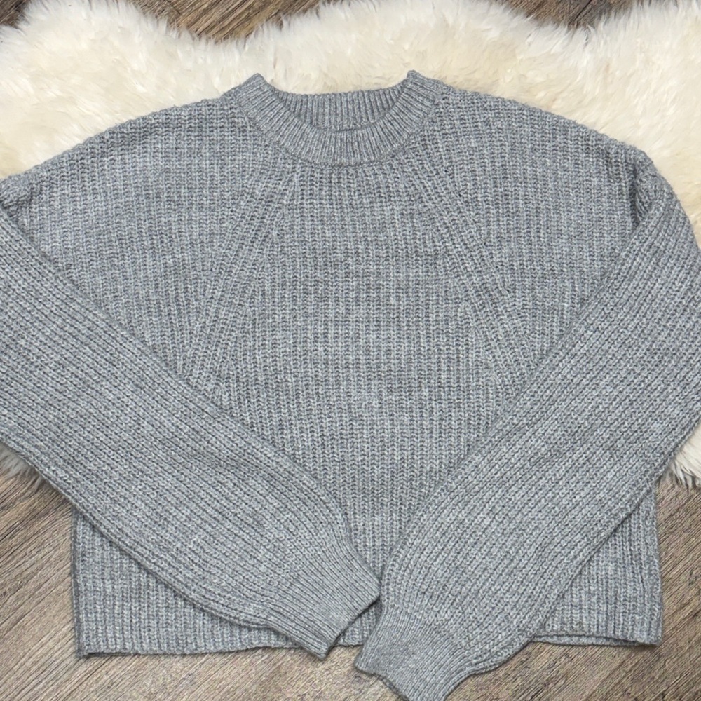 BP Gray Rib-Knit Crewneck oversized cropped sweater womens size Xs